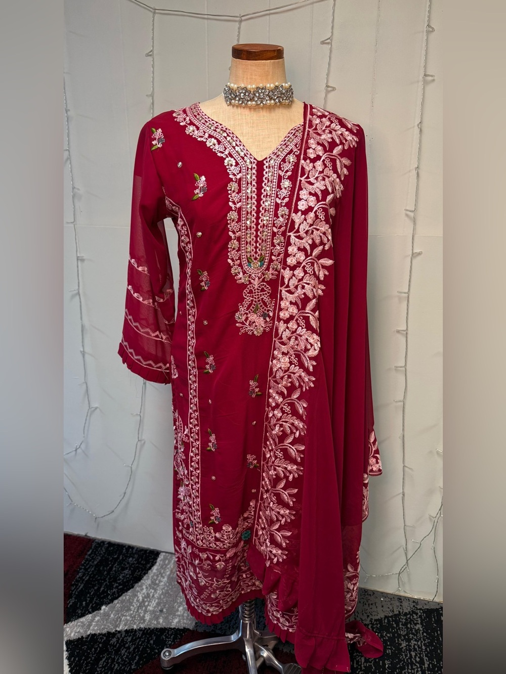 Embroidered Maroon Women's Dress with Dupatta